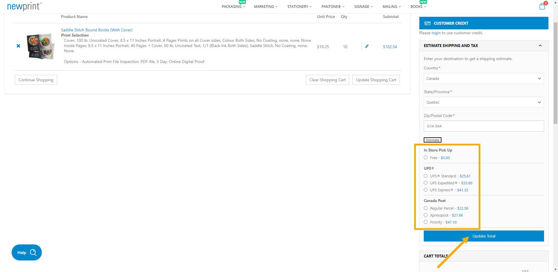 Screenshot of Newprint's cart showing the available shipping options in order to get an online printing quote.