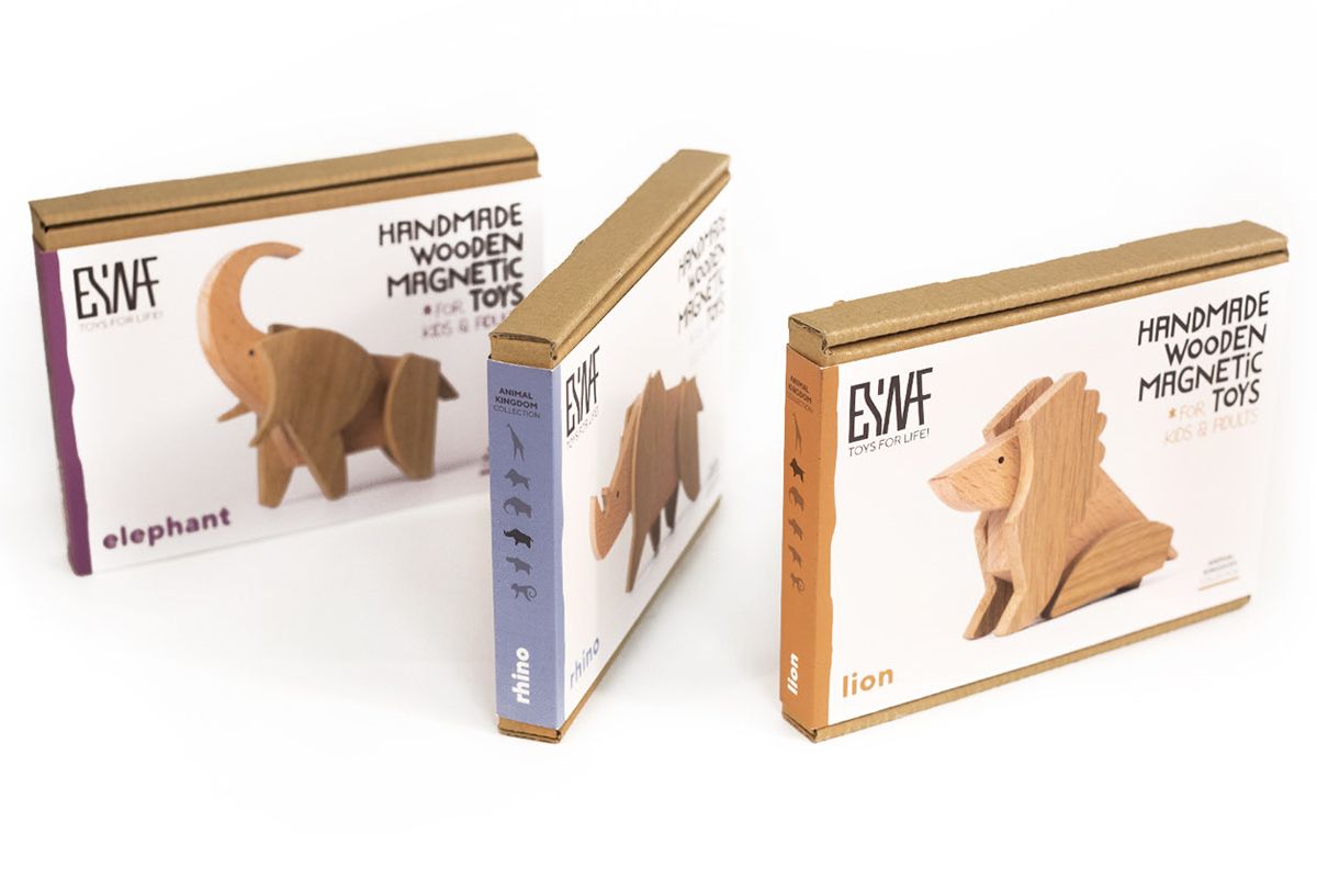 Toy packaging for three different wooden toys