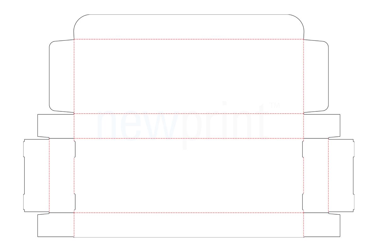 Technical drawing of a flat, unfolded roll end tuck top box with ECMA Standards.