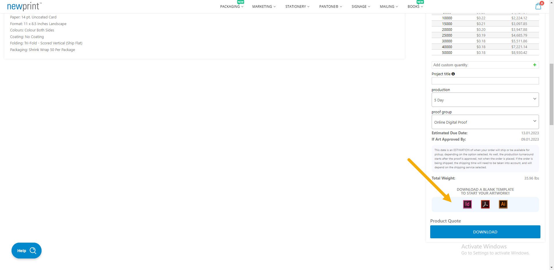A screen shot of Newprint's website showing where to download print template files.